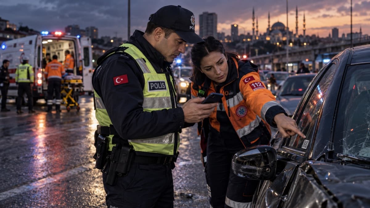 Kaza yapmış aracın camındaki QR etiketini gösteren 112 sağlık görevlisi ve telefonuna bakan polis memuru